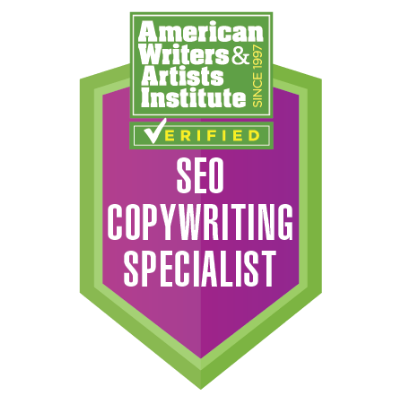 Badge from AWAI - Amrerican Writers & Artists Institute. Badge is for: Certified SEO Copywriting Specialist. 