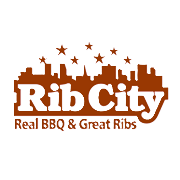 Rib City Montrose logo. It says, Rib City, real BBQ & great ribs. all in vintage red. 